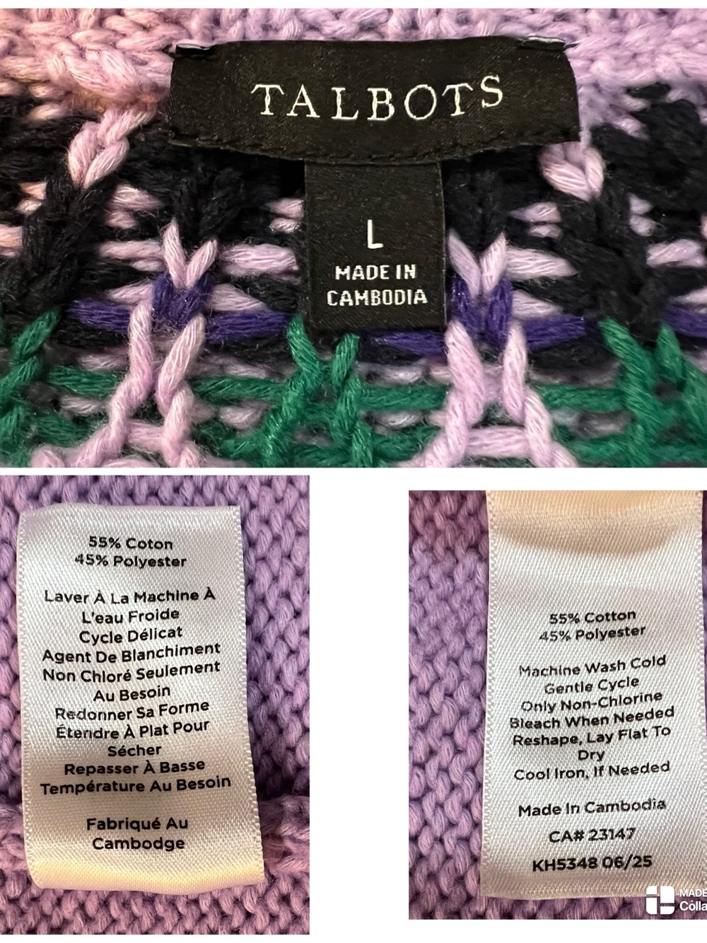 Talbots Lavender Purple Cable Knit Fair Isle Full Zip Cardigan Sweater Women’s L - Picture 6 of 10